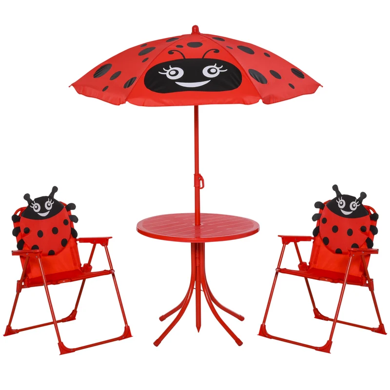 Outsunny Mesa Y Sillas Infantil De Jardín Plegable Con Sombrilla Ajustable Rojo