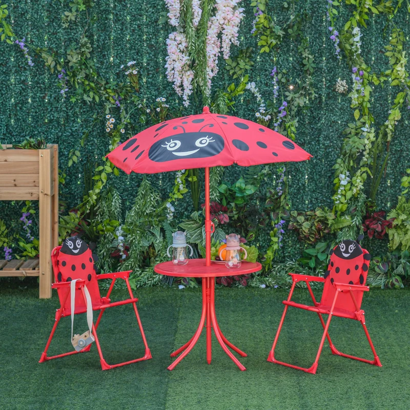 Outsunny Mesa Y Sillas Infantil De Jardín Plegable Con Sombrilla Ajustable Rojo