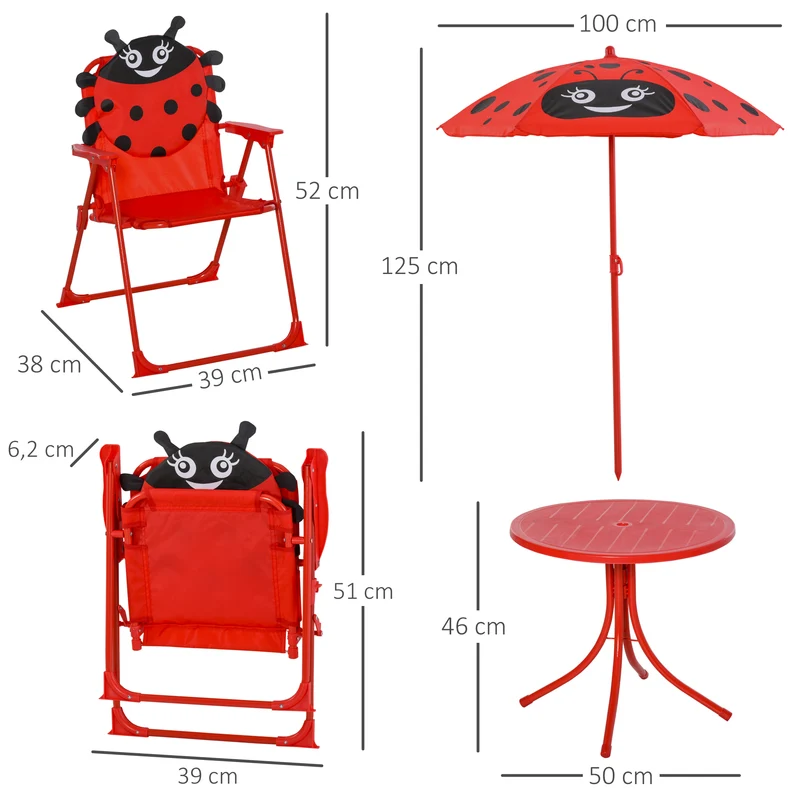 Outsunny Mesa Y Sillas Infantil De Jardín Plegable Con Sombrilla Ajustable Rojo