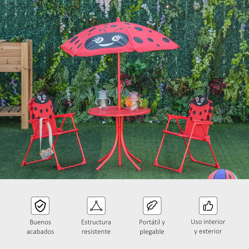 Outsunny Mesa Y Sillas Infantil De Jardín Plegable Con Sombrilla Ajustable Rojo