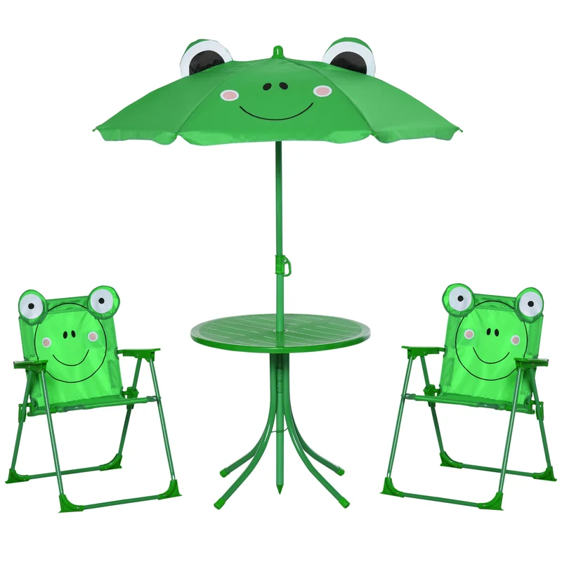 Outsunny Mesa Y Sillas Infantil De Jardín Plegable Con Sombrilla Ajustable Verde