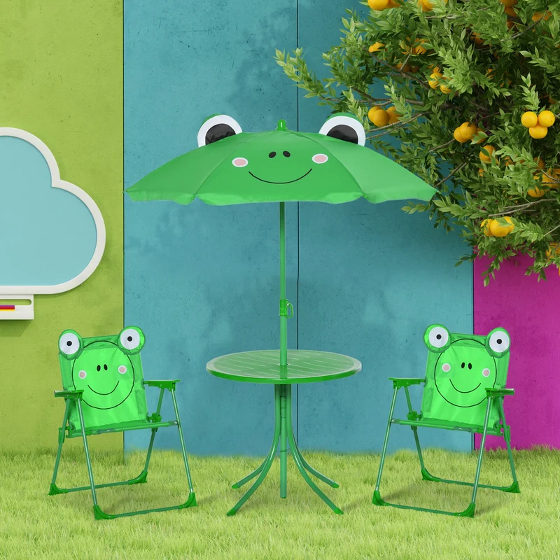 Outsunny Mesa Y Sillas Infantil De Jardín Plegable Con Sombrilla Ajustable Verde