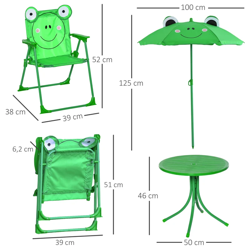 Outsunny Mesa Y Sillas Infantil De Jardín Plegable Con Sombrilla Ajustable Verde