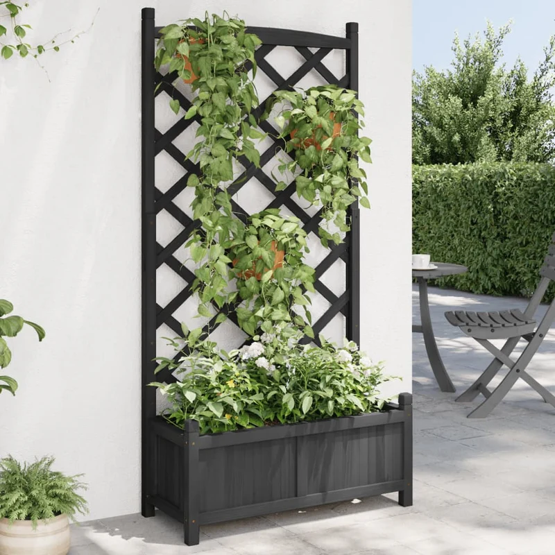 Jardinera Con Enrejado Negro 75x35x150 Cm Madera Maciza De Abeto