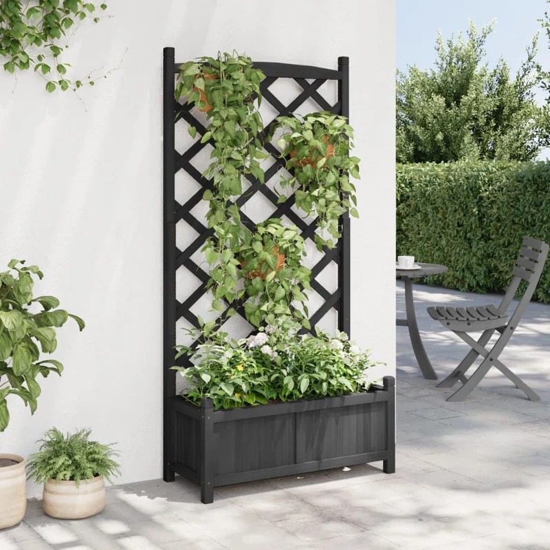 Jardinera Con Enrejado Negro 75x35x150 Cm Madera Maciza De Abeto