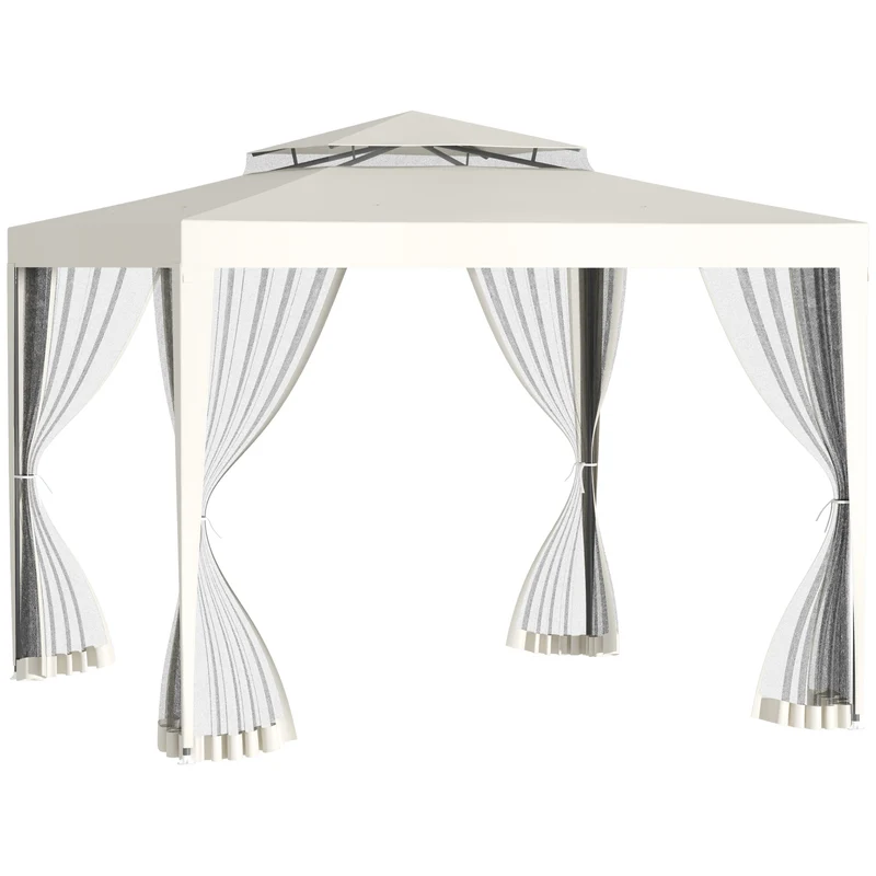 Outsunny Carpa de Jardín 3x3 m Cenador con 4 Mosquiteras Laterales con Cremallera Techo de Ventilación y 8 Orificios de Drenaje Gazebo para Terraza Patio Exterior Beige