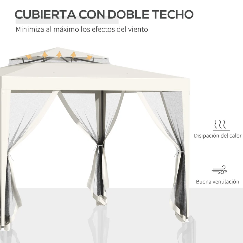 Outsunny Carpa de Jardín 3x3 m Cenador con 4 Mosquiteras Laterales con Cremallera Techo de Ventilación y 8 Orificios de Drenaje Gazebo para Terraza Patio Exterior Beige