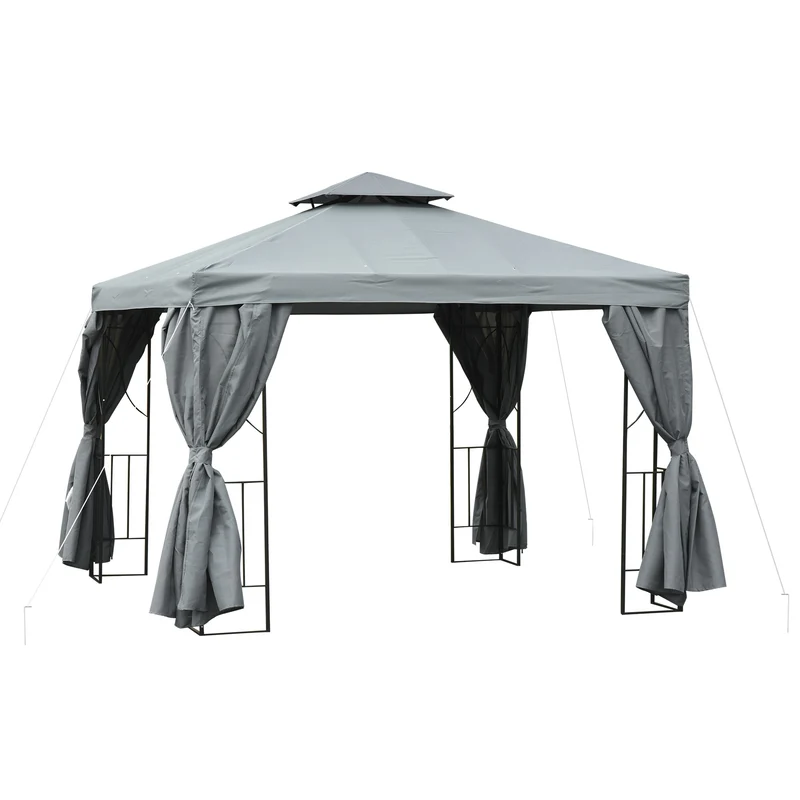 Outsunny Cenador de Jardín 3x3 m Pabellón para Exterior con Doble Techo de Ventilación y 4 Cortinas Laterales Extraíbles de Cremallera Gazebo para Terraza Patio Exterior Gris