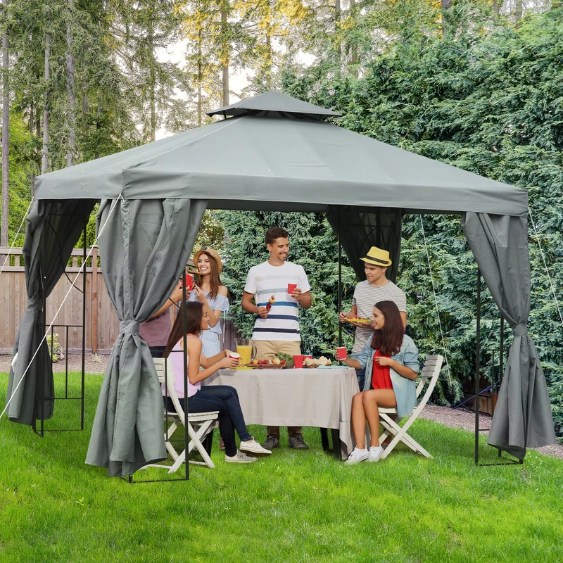 Outsunny Cenador de Jardín 3x3 m Pabellón para Exterior con Doble Techo de Ventilación y 4 Cortinas Laterales Extraíbles de Cremallera Gazebo para Terraza Patio Exterior Gris