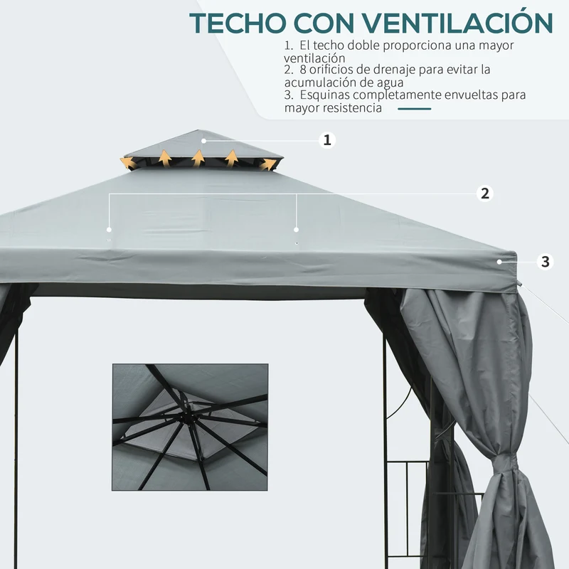 Outsunny Cenador de Jardín 3x3 m Pabellón para Exterior con Doble Techo de Ventilación y 4 Cortinas Laterales Extraíbles de Cremallera Gazebo para Terraza Patio Exterior Gris