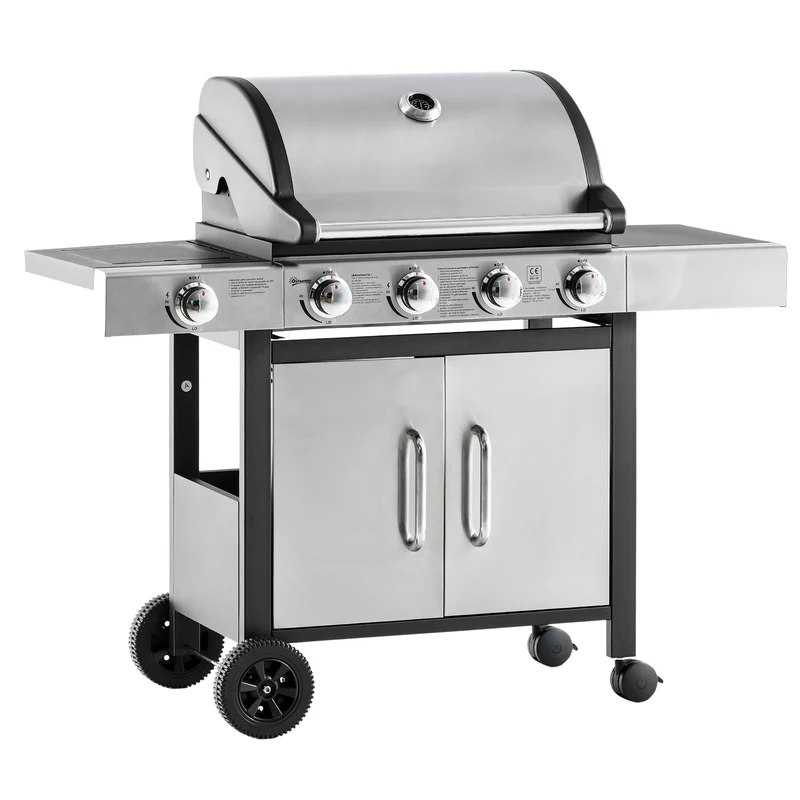 Outsunny Barbacoa de Gas con 4+1 Quemadores 15,2 KW Parilla de Gas BBQ de Acero con Termómetro 2 Mesas Laterales Armario de 2 Puertas y Ruedas con Frenos 118x55x113 cm Plata
