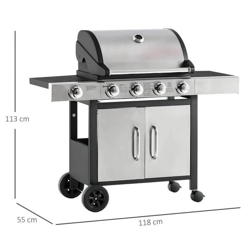 Outsunny Barbacoa de Gas con 4+1 Quemadores 15,2 KW Parilla de Gas BBQ de Acero con Termómetro 2 Mesas Laterales Armario de 2 Puertas y Ruedas con Frenos 118x55x113 cm Plata