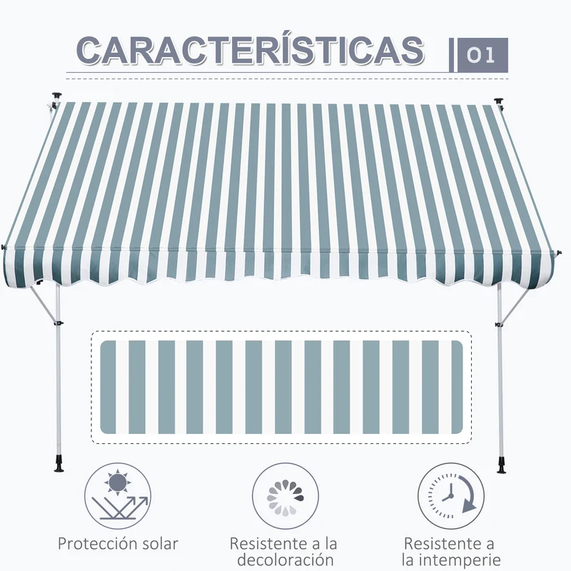 Outsunny Toldo Manual Retráctil Toldo para Balcón con Altura Ajustable Manivela y Protección Solar para Terraza Jardín Verde