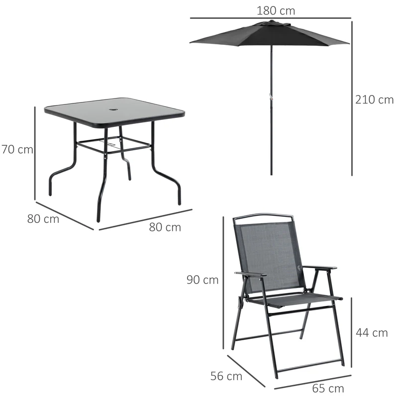 Outsunny Conjunto de Muebles de Jardín con 4 Sillas Plegables Mesa de Comedor de Vidrio y Sombrilla Inclinable Protección del Sol para Patio Terraza Exterior 80x80x70 cm Negro