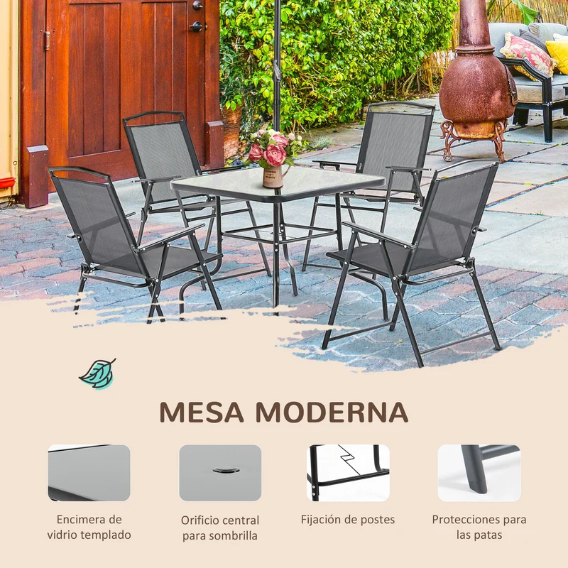 Outsunny Conjunto de Muebles de Jardín con 4 Sillas Plegables Mesa de Comedor de Vidrio y Sombrilla Inclinable Protección del Sol para Patio Terraza Exterior 80x80x70 cm Negro