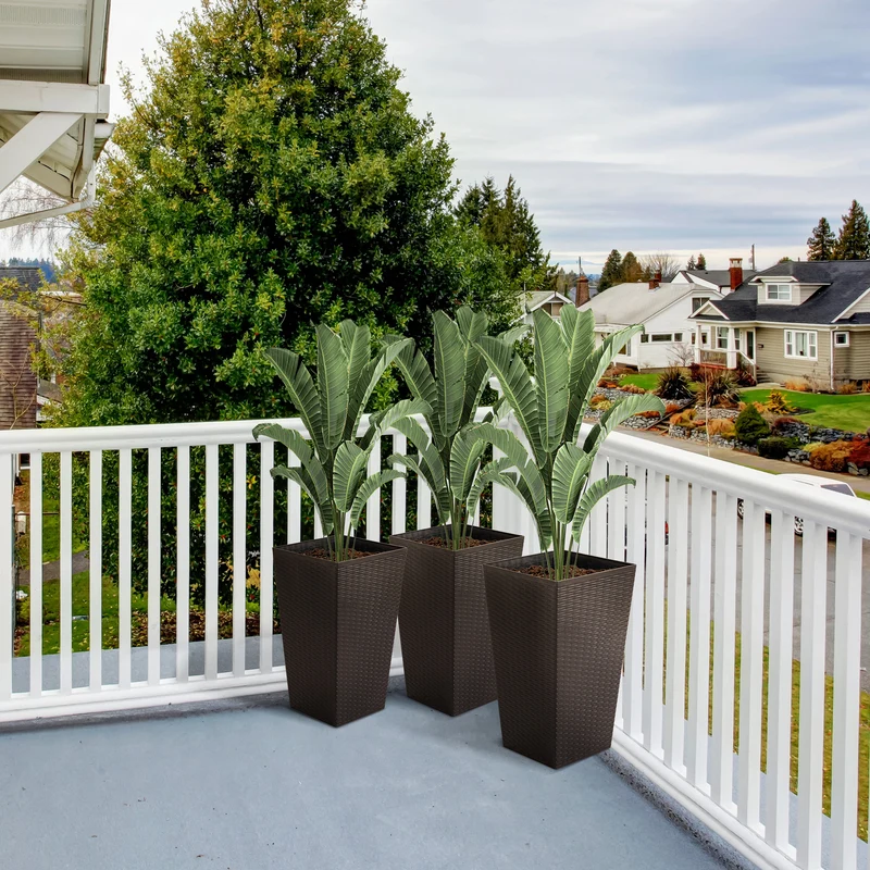 Outsunny Conjunto de 3 Macetas Cuadradas para Plantas Flores 3 Maceteros con Efecto de Símil Ratán para Jardín Terraza Interior y Exterior 36,5x36,5x61 cm Marrón