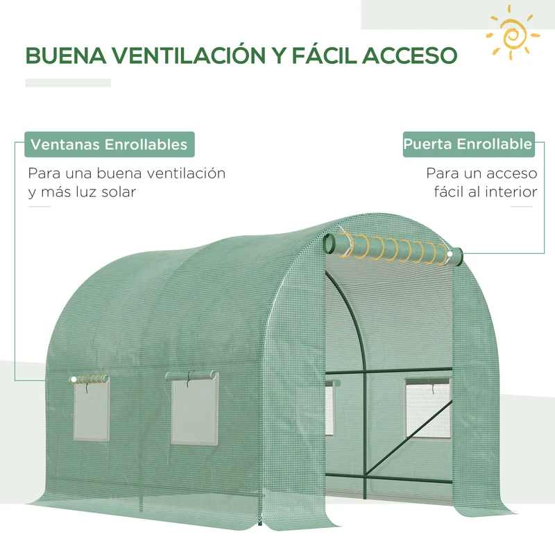 Outsunny Cubierta de Invernadero de Túnel 2,5x2x2 m Cubierta de Repuesto Invernadero Polietileno con 4 Ventanas y Puerta Enrollable Protección de Plantas para Jardín Verde