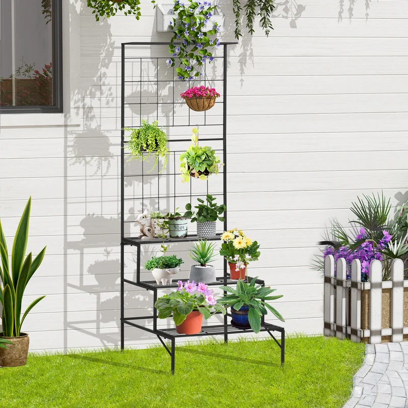 Outsunny Soporte para Plantas con Enrejado de Metal Estantería para Macetas Trepadoras con 3 Estantes para Exteriores Jardín Balcón 60x53,5x159,5 cm Negro