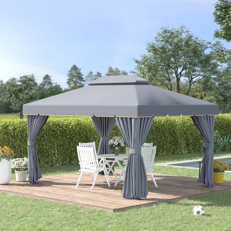 Outsunny Cenador de Jardín 4x3 m Gazebo de Aluminio con Techo de Ventilación 4 Cortinas Laterales 4 Mosquiteras y 8 Orificios de Drenaje para Fiestas Eventos Exterior Gris