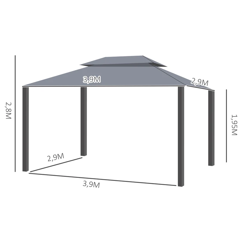 Outsunny Cenador de Jardín 4x3 m Gazebo de Aluminio con Techo de Ventilación 4 Cortinas Laterales 4 Mosquiteras y 8 Orificios de Drenaje para Fiestas Eventos Exterior Gris