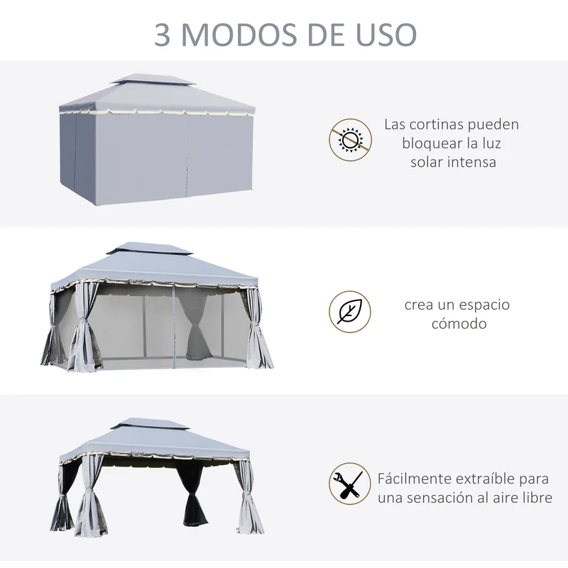 Outsunny Cenador de Jardín 4x3 m Gazebo de Aluminio con Techo de Ventilación 4 Cortinas Laterales 4 Mosquiteras y 8 Orificios de Drenaje para Fiestas Eventos Exterior Gris