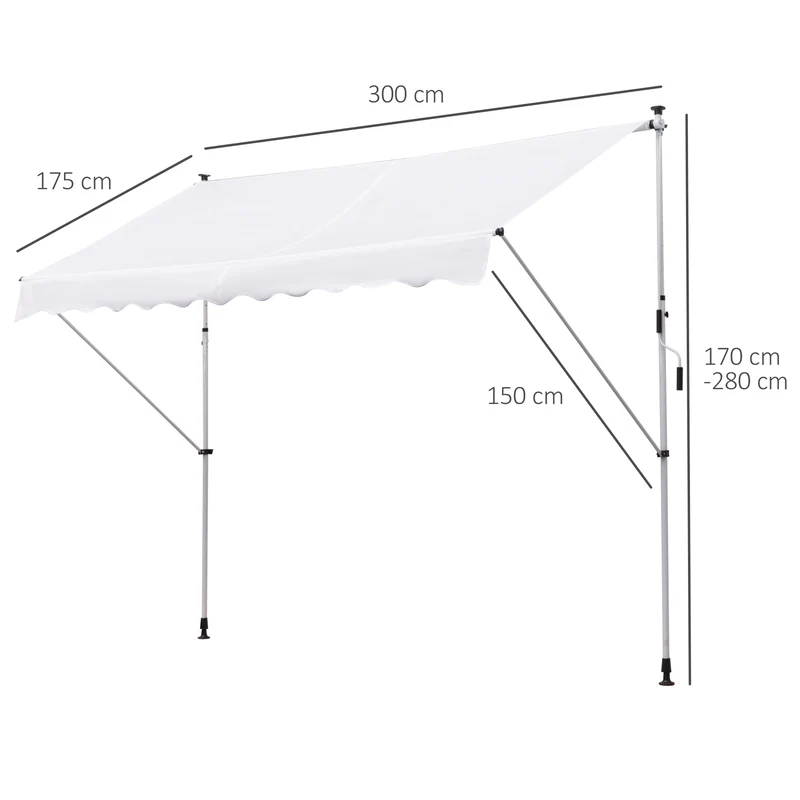Outsunny Toldo Manual Retráctil 300x150x170-280 cm Toldo para Balcón con Altura Ajustable Manivela y Protección Solar para Terraza Jardín Blanco