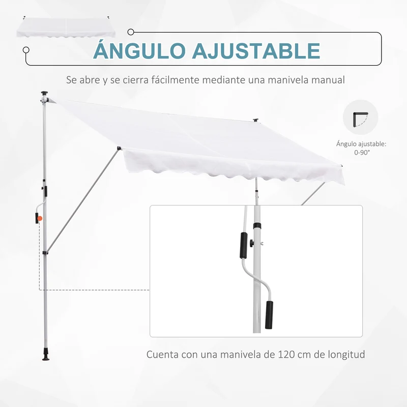 Outsunny Toldo Manual Retráctil 300x150x170-280 cm Toldo para Balcón con Altura Ajustable Manivela y Protección Solar para Terraza Jardín Blanco