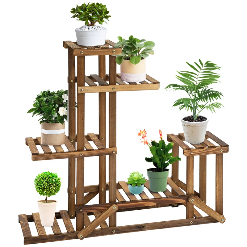 Outsunny Soporte de Madera para Flores Estantería Decorativa para Macetas Plantas con 6 Estantes Interior y Exterior para Jardín Balcón Terraza 95x28x96,5 cm Carbonizado