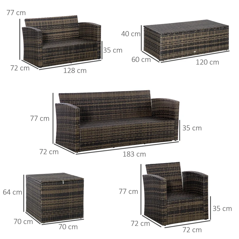 Outsunny Conjunto de Muebles de Jardín de Ratán 6 Piezas Sofá Doble Sofá de 3 Plazas 2 Sillones Individuales 2 Mesas Auxiliares con Almacenamiento y Cojines Acolchados para Exterior Marrón y Crema