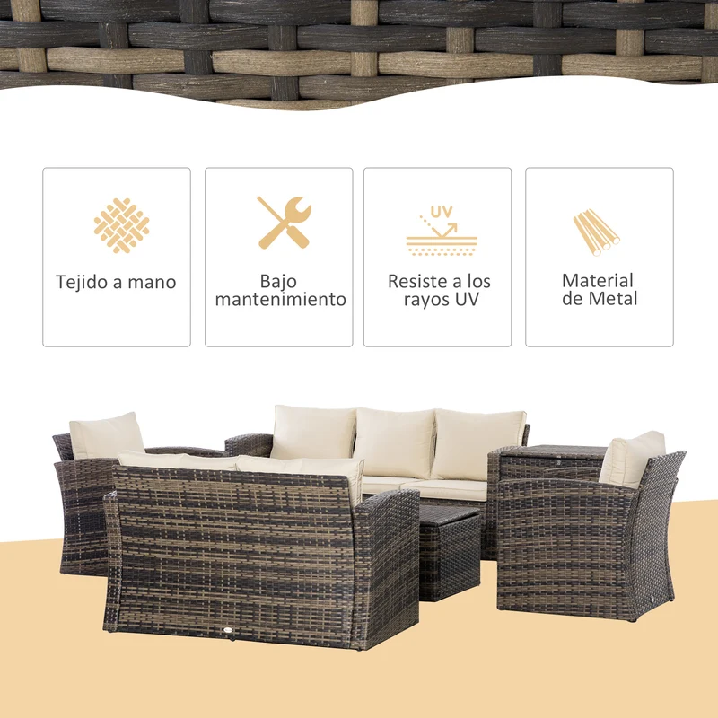 Outsunny Conjunto de Muebles de Jardín de Ratán 6 Piezas Sofá Doble Sofá de 3 Plazas 2 Sillones Individuales 2 Mesas Auxiliares con Almacenamiento y Cojines Acolchados para Exterior Marrón y Crema