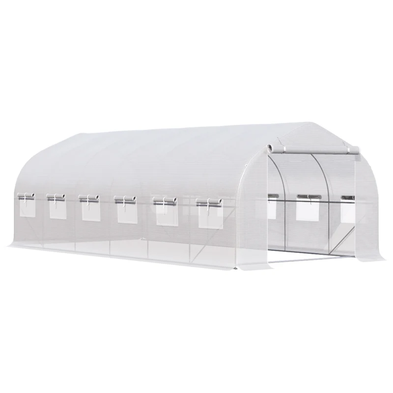 Outsunny Invernadero de Túnel 6x3x2 m Invernadero de Jardín con Puerta y 12 Ventanas Enrollables de Polietileno 140g/㎡ y Acero Galvanizado Huerto para Cultivos Plantas Flores Blanco