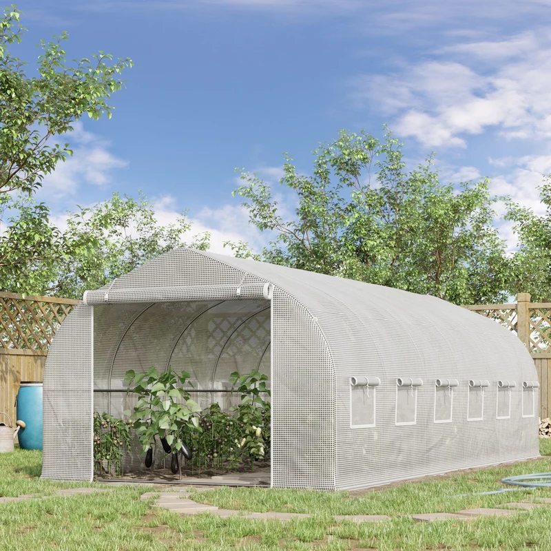 Outsunny Invernadero de Túnel 6x3x2 m Invernadero de Jardín con Puerta y 12 Ventanas Enrollables de Polietileno 140g/㎡ y Acero Galvanizado Huerto para Cultivos Plantas Flores Blanco