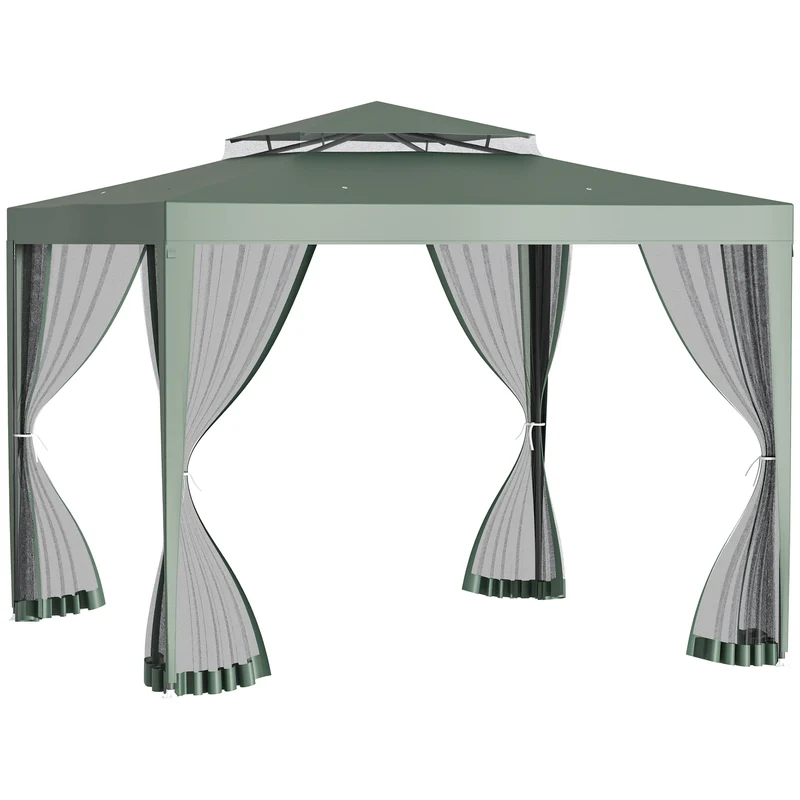 Outsunny Carpa de Jardín 3x3 m Cenador con 4 Mosquiteras Laterales con Cremallera Techo de Ventilación y 8 Orificios de Drenaje Gazebo para Terraza Patio Exterior Verde