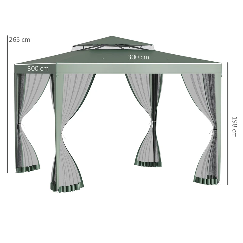 Outsunny Carpa de Jardín 3x3 m Cenador con 4 Mosquiteras Laterales con Cremallera Techo de Ventilación y 8 Orificios de Drenaje Gazebo para Terraza Patio Exterior Verde