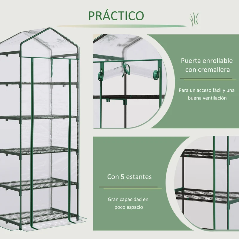 Outsunny Invernadero Pequeño Invernadero de Exterior con Estantes de 5 Niveles Puerta Enrollable con Cremallera y Marco de Acero Invernadero para Cultivar Plantas Flores 69x49x193 cm Transparente