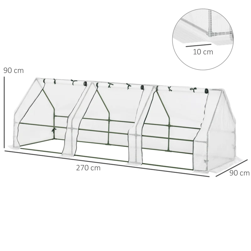 Outsunny Invernadero de Exterior Invernadero de Jardín 270x90x90 cm Tipo Caseta con 3 Ventanas Marco de Acero Invernadero de Terraza para Cultivo Plantas Flores Tomates Blanco