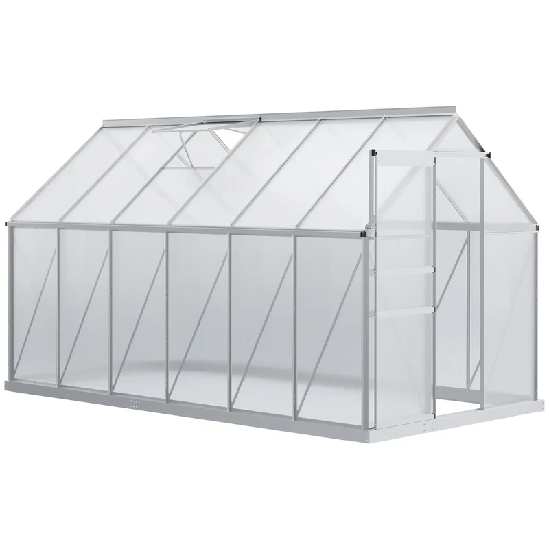 Outsunny Invernadero Policarbonato Aluminio de Jardín 190x375x199 cm 7,1m² Caseta de Exterior con Base Puerta Corredera y 2 Tragaluces para Cultivo Plantas Semillas Transparente