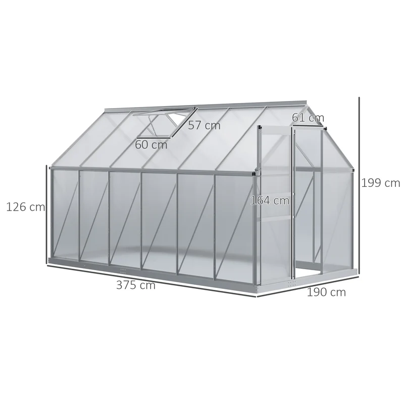 Outsunny Invernadero Policarbonato Aluminio de Jardín 190x375x199 cm 7,1m² Caseta de Exterior con Base Puerta Corredera y 2 Tragaluces para Cultivo Plantas Semillas Transparente