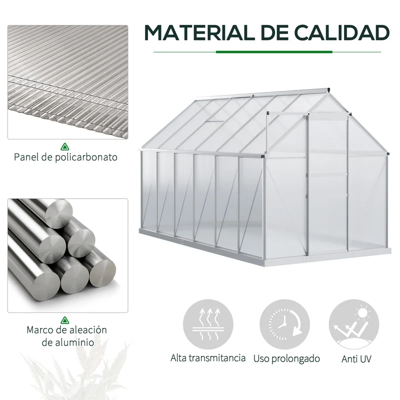 Outsunny Invernadero Policarbonato Aluminio de Jardín 190x375x199 cm 7,1m² Caseta de Exterior con Base Puerta Corredera y 2 Tragaluces para Cultivo Plantas Semillas Transparente