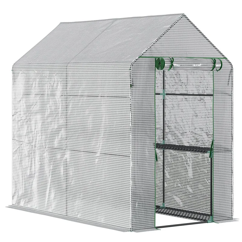 Outsunny Invernadero de Jardín Vivero Casero con 4 Estantes Puerta Enrollable Cubierta de PE 140g/m² y Marco de Acero para Cultivos Plantas Macetas Flores 120x186x190 cm Blanco