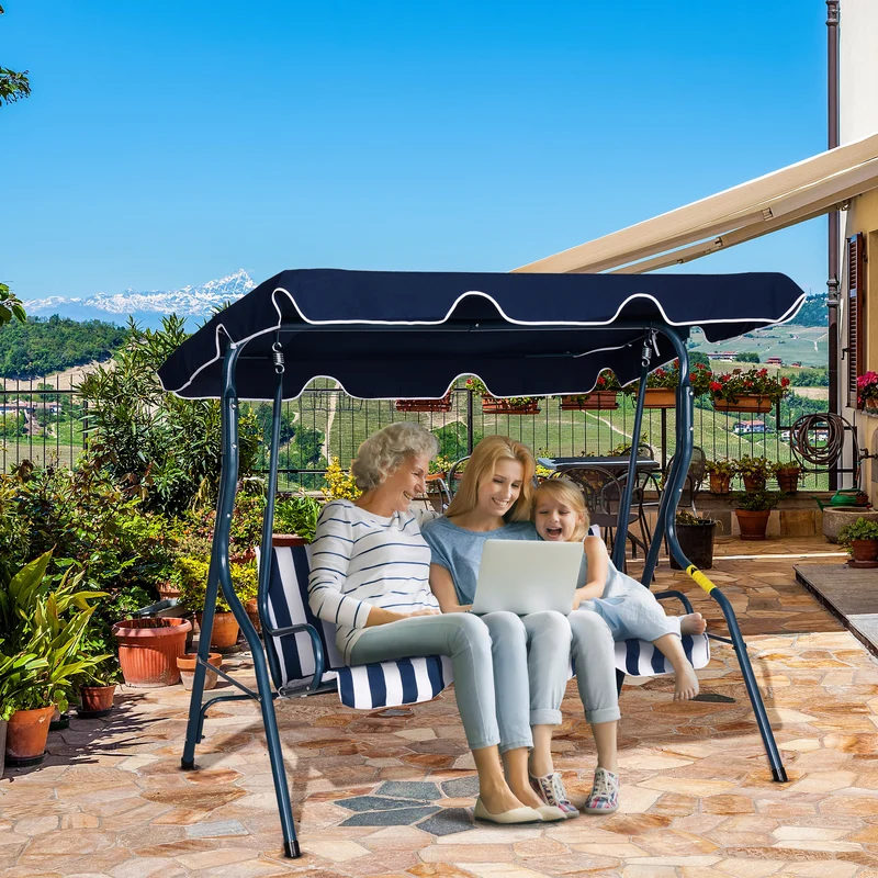 Outsunny Columpio Balancín de Jardín Exterior 2-3 Plazas para Familias de Metal con Cojín y Techo Ajustable para Balcón Terraza Carga 200 kg 170x110x153 cm Raya Azul
