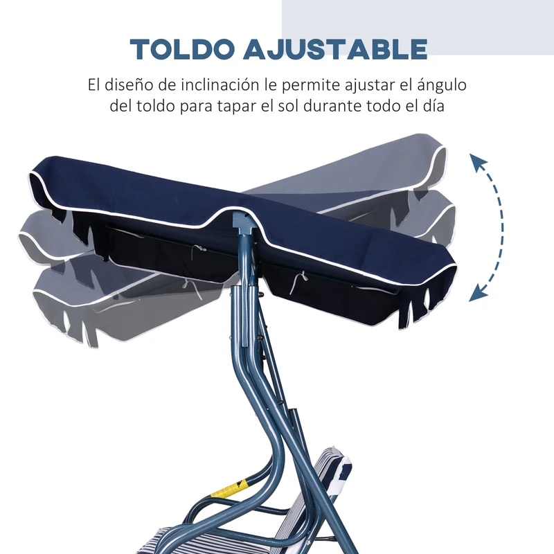 Outsunny Columpio Balancín de Jardín Exterior 2-3 Plazas para Familias de Metal con Cojín y Techo Ajustable para Balcón Terraza Carga 200 kg 170x110x153 cm Raya Azul