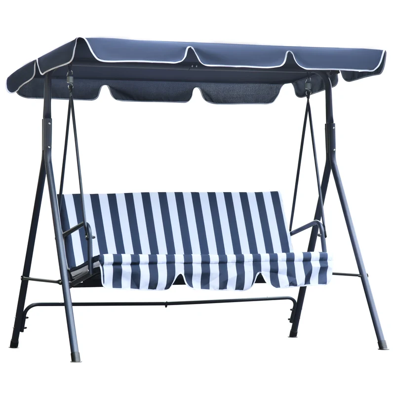 Outsunny Columpio de Jardín de 3 Plazas Silla Balancín con Parasol Techo Ajustable en Ángulo Impermeable para Exterior Terraza Balcón Carga Máx. 200 kg Acero 172x110x153 cm Raya Azul