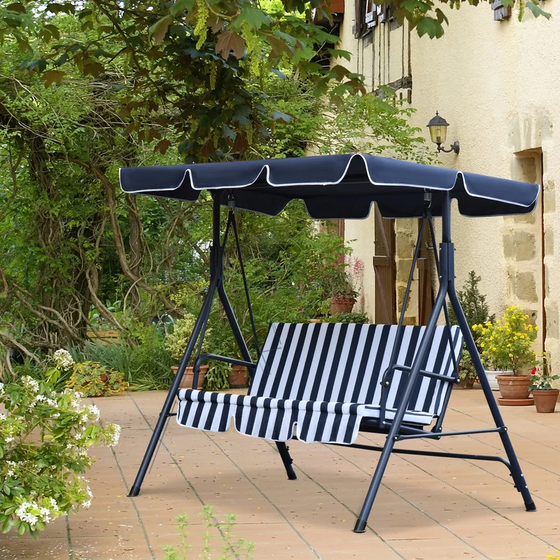 Outsunny Columpio de Jardín de 3 Plazas Silla Balancín con Parasol Techo Ajustable en Ángulo Impermeable para Exterior Terraza Balcón Carga Máx. 200 kg Acero 172x110x153 cm Raya Azul