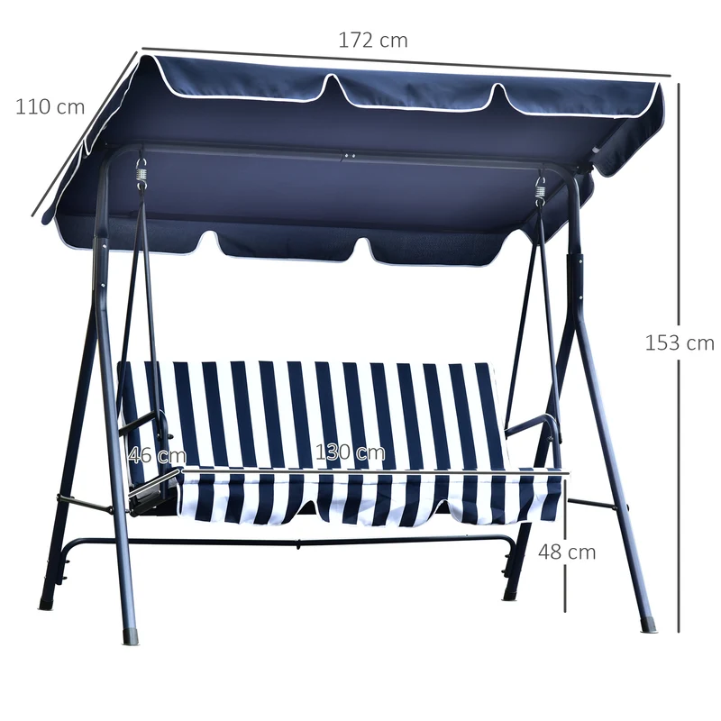 Outsunny Columpio de Jardín de 3 Plazas Silla Balancín con Parasol Techo Ajustable en Ángulo Impermeable para Exterior Terraza Balcón Carga Máx. 200 kg Acero 172x110x153 cm Raya Azul
