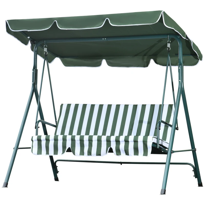 Outsunny Columpio Balancín de Jardín Exterior de 3 Plazas con Cojín Techo Ajustable y Marco de Metal para Balcón Terraza Patio Carga Máx. 200 kg 172x110x153 cm Raya Verde