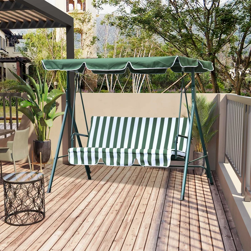 Outsunny Columpio Balancín de Jardín Exterior de 3 Plazas con Cojín Techo Ajustable y Marco de Metal para Balcón Terraza Patio Carga Máx. 200 kg 172x110x153 cm Raya Verde