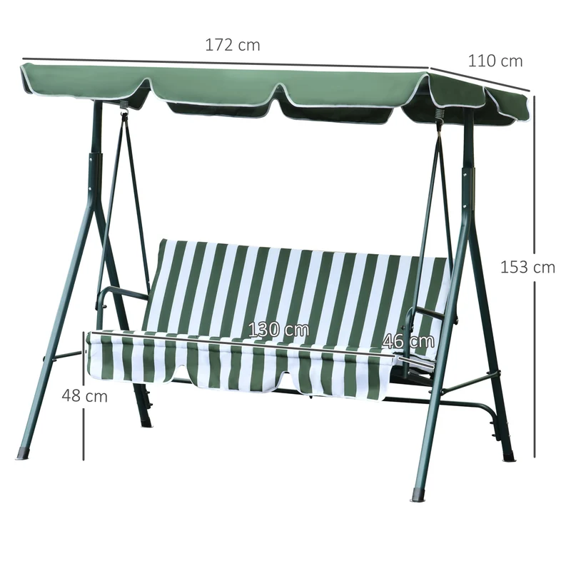 Outsunny Columpio Balancín de Jardín Exterior de 3 Plazas con Cojín Techo Ajustable y Marco de Metal para Balcón Terraza Patio Carga Máx. 200 kg 172x110x153 cm Raya Verde
