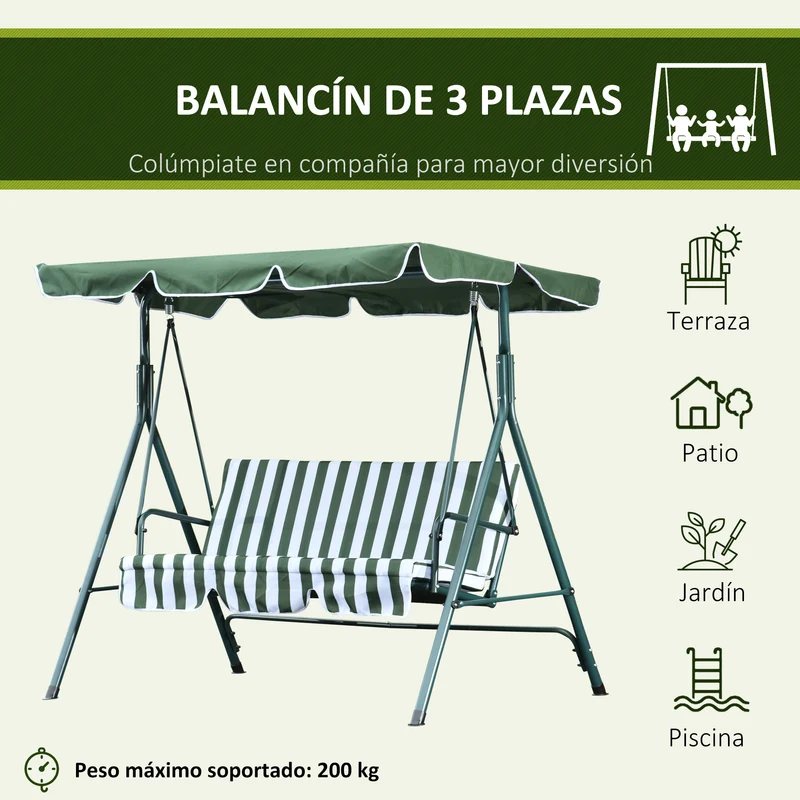 Outsunny Columpio Balancín de Jardín Exterior de 3 Plazas con Cojín Techo Ajustable y Marco de Metal para Balcón Terraza Patio Carga Máx. 200 kg 172x110x153 cm Raya Verde