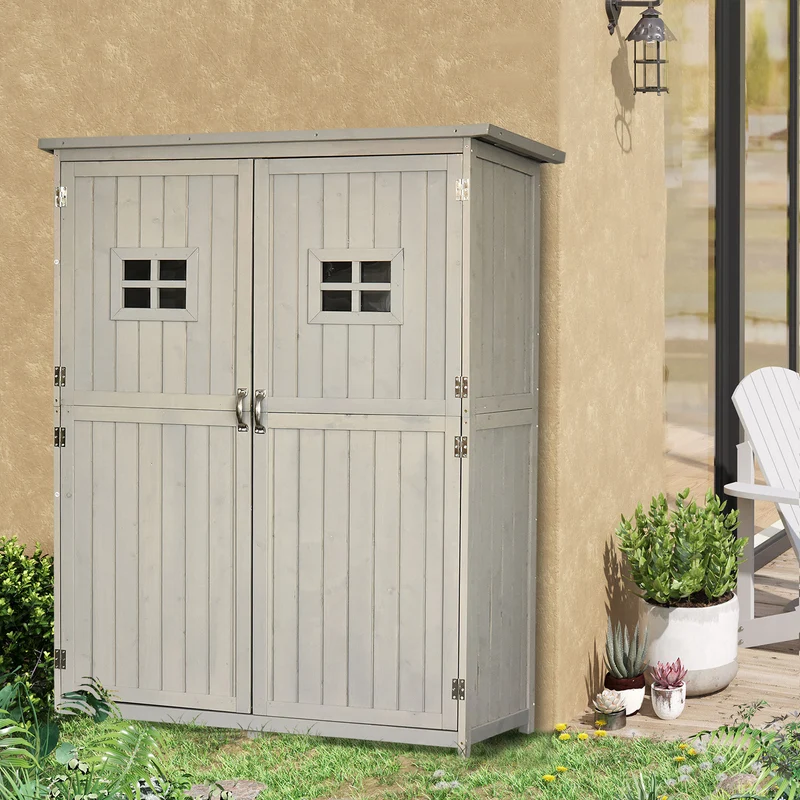 Outsunny Cobertizo de Madera Caseta Exterior Armario Herramientas de Jardinería Doble Puertas Techo Impermeable Compartimientos de Diferentes Tamaños 127,5x50x164cm Madera Maciza